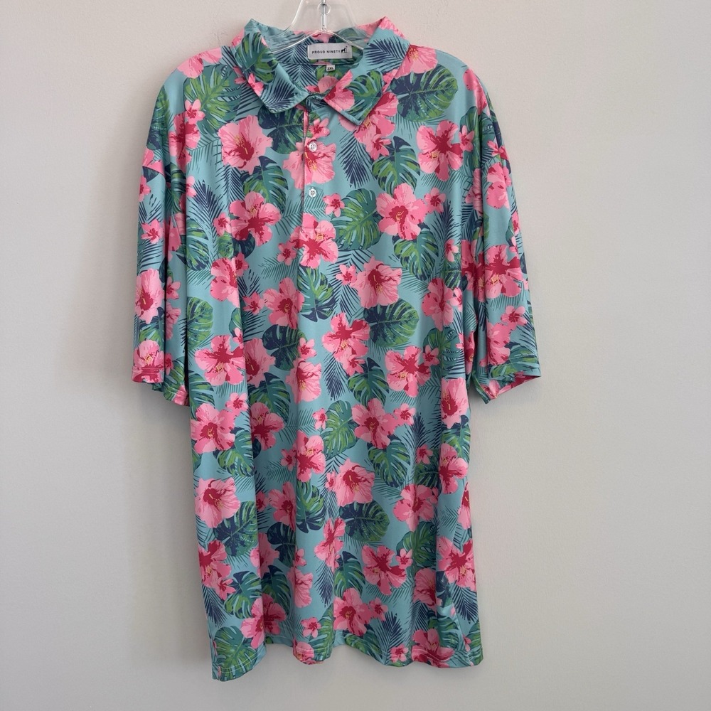 Proud Ninety Floral Golf Polo Shirt Men's Size 3XL Tropical Hibiscus Teal